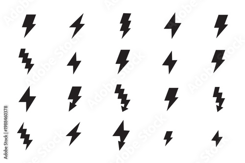 Lightning bolt emblem in circle. Energy symbol, power icon, electricity sign. Electric charge pictogram, thunder warning design. Thunderbolt simple logo, light flash, fast battery charger vector set.
