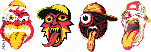 A set of Minimalist logo of a Filipino screaming cartoon face, one eye popping out, tongue shocked, wearing backwards cap, bold comic style, blood red and shock yellow on transparent background