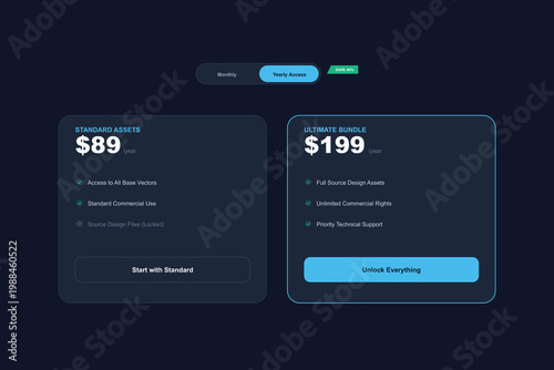 Pricing table, subscription plans, payment options, dark background, blue accents, vector illustration