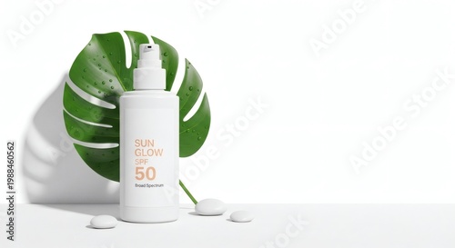 A refreshing sunscreen product presentation is showcasing with a green leaf in minimalist style, promoting skin protection, sun care, summer beauty.