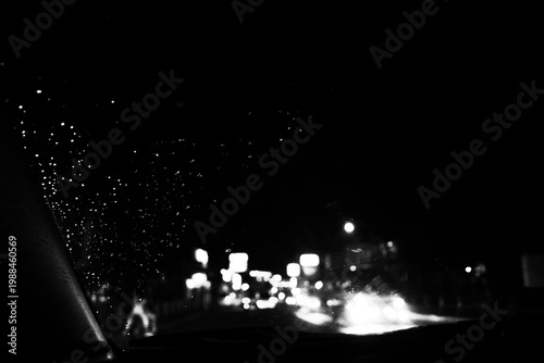 Driving in Rain at Night Black and White