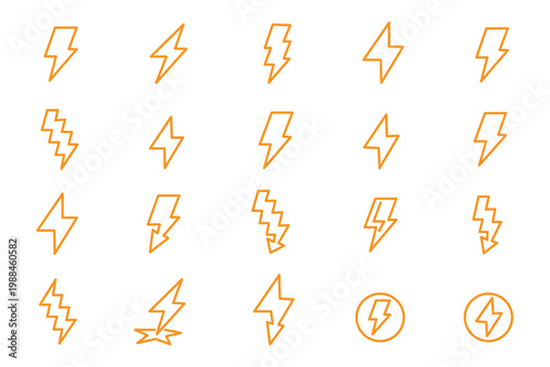 Collection of black lightning bolt icons and symbols on a white background representing energy and power