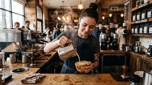 Woman pouring steamed milk into a cup of coffee at a busy cafe.