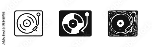 Vinyl Record Player Turntable Icon Set - Outline, Solid, and Doodle Styles