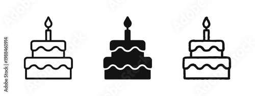 Birthday Cake with Candle Icon Set - Outline, Solid, and Doodle Styles