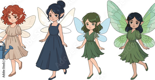 Cute Fantasy Fairy Girls Collection with Wings and Dresses in Different Colors Magical Elf Characters Vector
