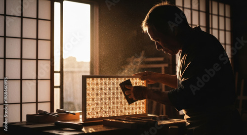Silhouette of Japanese Kumiko Woodworking Artisan Hand-Sanding Intricate Cedar Panel in Golden Light