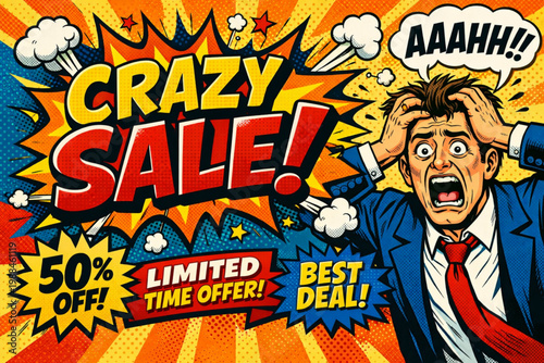 Pop Art Crazy Sale Banner with Panicking Businessman in Retro Comic Style