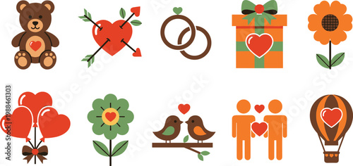 Cute Flat Valentine's Day Icon Set with Love Hearts Teddy Bear Flowers and Romantic Symbols Vector