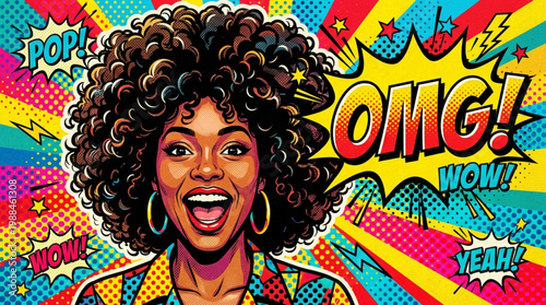 Pop Art Afro Woman Saying “OMG” with Comic Speech Bubble
