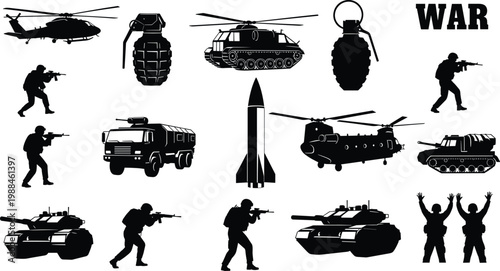 War Military Silhouette Icon Set with Soldier Tank Helicopter Grenade Rocket Truck and Army Combat Elements