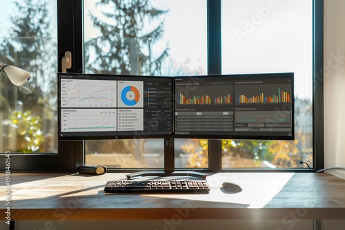 Modern workspace with dual monitors displaying analytics charts, keyboard, mouse, and rain-streaked window showcasing pine trees. Realistic digital illustration