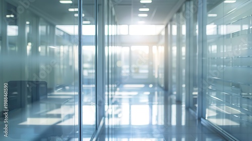 Empty Office Hallway with Glass Walls and Reflective Floors, Blurred Background, Futuristic Design, Digital Rendering, Corporate Business Environment, Futurist Style
