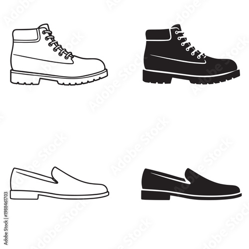 Collection of four shoe icons showing rugged lace up boots and smooth slip on loafers in black and white grid design