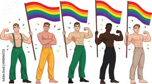 LGBT Pride Rainbow Flag Diverse Muscular Men Celebration Group with Confetti and Equality Parade Character Illustration