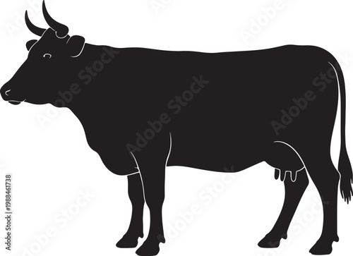 Black silhouette of a dairy cow standing profile view with white outlines also transparent background