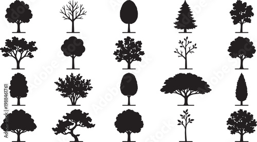 Collection of 20 black silhouette tree showcasing diverse shapes and foliage, on a white background, also transparent background
