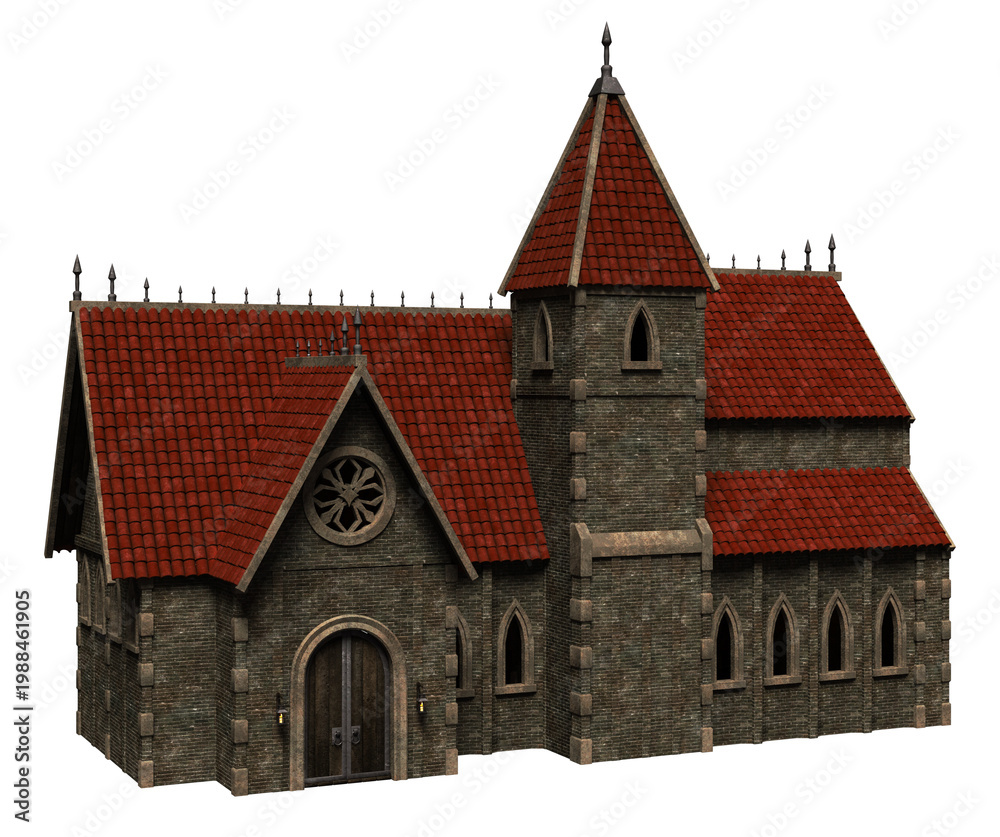 Obraz premium 3d render medieval stone church red roof isolated