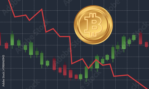 Bitcoin price crash and cryptocurrency market bear trend concept, falling red line and candlestick chart with golden BTC coin on dark grid background