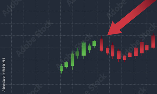 Stock market trend reversal concept with red arrow pointing down on candlestick chart, financial crisis and bearish market analysis background
