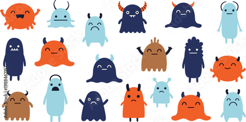 Whimsical cartoon monster vector illustration featuring colorful characters with unique shapes, horns, antennae, and playful facial expressions
