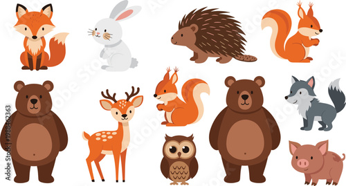 Cute cartoon woodland animals vector illustration featuring fox, deer, bear, rabbit, owl, and forest wildlife on white background