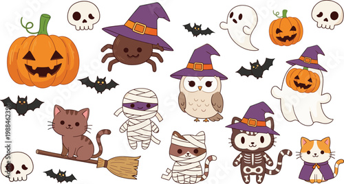 Playful Halloween cartoon vector illustration featuring pumpkins, ghosts, bats, cats, and spooky characters on white background