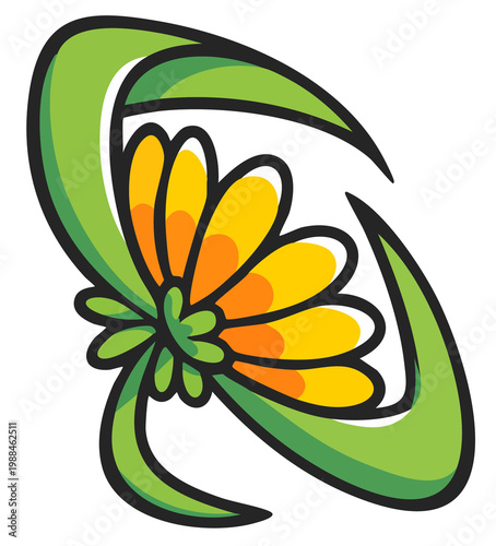 Swirling Marigold Blossom with Curved Verdant Tendrils Decorative Floral Motif