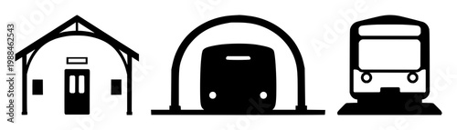 Train station icon set with solid black illustration on white background featuring train, platform, station building with flat design and minimalist