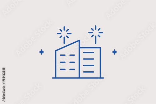 Skyscrapers with fireworks line icon for city celebration events and metropolitan holidays. Urban Vector Illustration for city anniversary posters and tourism marketing banners.