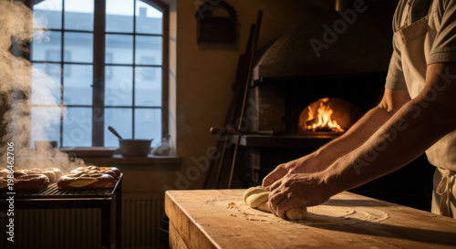Authentic Bavarian Baker's Hands Shaping Traditional Pretzels in Steaming Foggy Morning Bakery