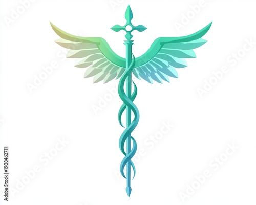 Medieval Caduceus with Wings and Twisted Staff in Teal and Light Green Digital Illustrative Artwork Medical Symbolism Conceptual Theme