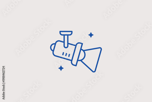Stage spotlight lamp line icon for theater performances and live concert lighting. Dramatic Vector Illustration for talent show posters and event equipment rentals.