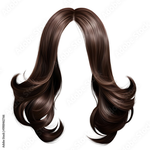 Dark brown wig, medium length, styled waves, central parting, realistic hair on transparent background. transparent png background