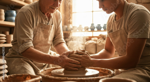Experienced German Ceramicist Mentoring Young Apprentice on Pottery Wheel in Sunlit Westerwald Workshop