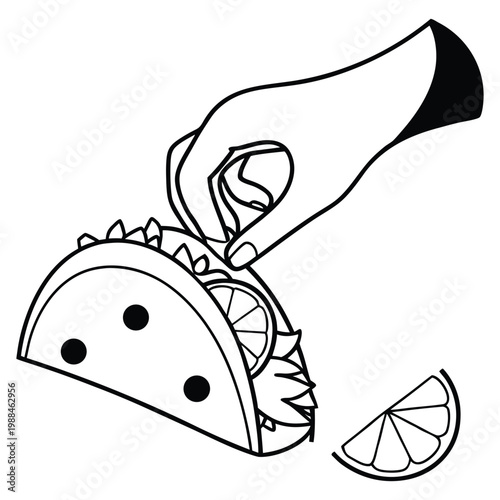 Hand holding a taco with a lime wedge slice in black and white line style