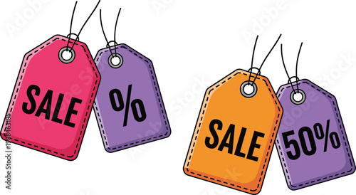 Set of 4 Sale Discount Price Tags with 50% Off and Percentage Symbols in Vector Illustration Style