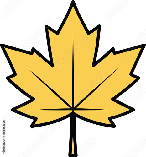 Single Yellow Maple Leaf - Symmetrical Top View, Flat Illustration