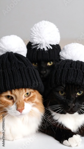 Group of three felines wearing knitted black hats with fluffy white pom-poms, posing against a plain white backdrop. The cats have distinct fur patterns