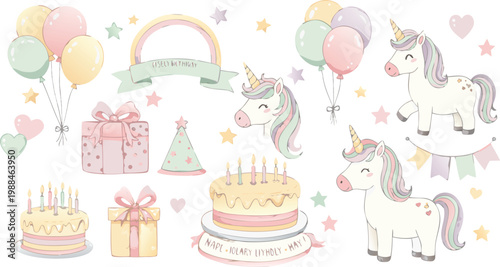 Easter bunny and birthday cake greeting card cute pink cartoon vector illustration with hearts flowers balloons gift party celebration design