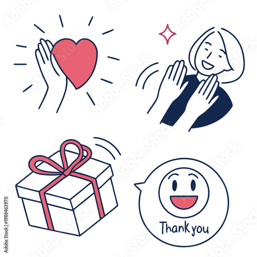 A set of colorful vector illustrations depicting gratitude and appreciation with a heart, gift, and smiling face