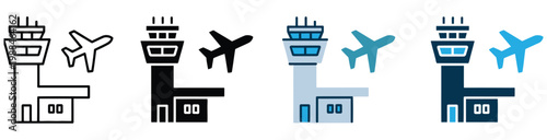 Airport control tower and airplane icon set, aviation symbols, airport infrastructure icons, flight control and air traffic concept, isolated on white background, modern flat vector design for apps, m