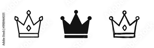 Royal Crown Icon Set, King and Queen Tiara Symbols, Outline, Solid and Hand-Drawn Styles