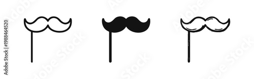 Mustache on Stick Icon Set, Photo Booth Prop, Outline, Solid and Doodle Style Vector Graphics