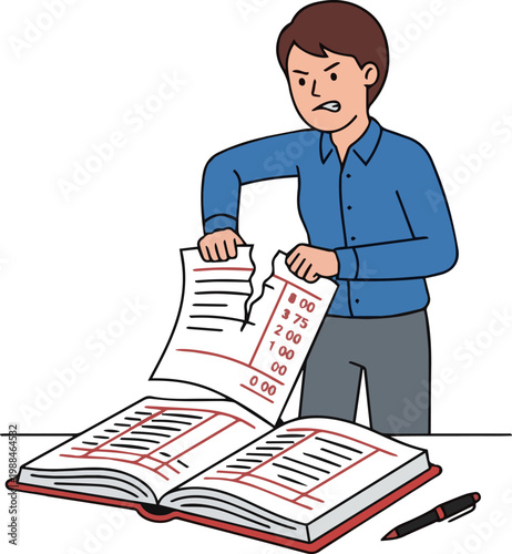 Frustrated man tearing up financial bill or tax document over accounting ledger book illustration