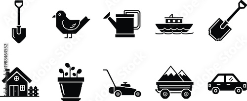 Collection of Flat Style Outdoor and Garden Icons Featuring Shovels Watering Can House Lawn Mower Potted Plant And Vehicles For Home Improvement And Landscaping Graphic Design