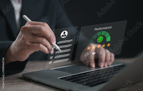 Performance evaluation concept with digital checklist and rating interface, representing KPI measurement, employee assessment, business review, productivity analysis, and quality improvement.