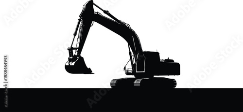 Heavy Duty Hydraulic Excavator Silhouette On Construction Site For Civil Engineering Infrastructure Development Earthmoving Projects Urban Planning And Industrial Machine Vector Illustration