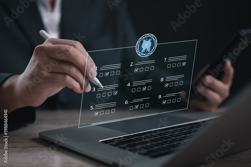 AI powered inspection system analyzing checklist data on digital interface, representing intelligent evaluation, automated audit process, performance monitoring, and advanced technology for accuracy a