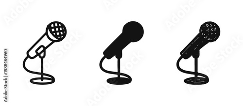Microphone Icon Set, Professional Vocal Mic on Stand, Outline, Solid and Hand-Drawn Vector Icons